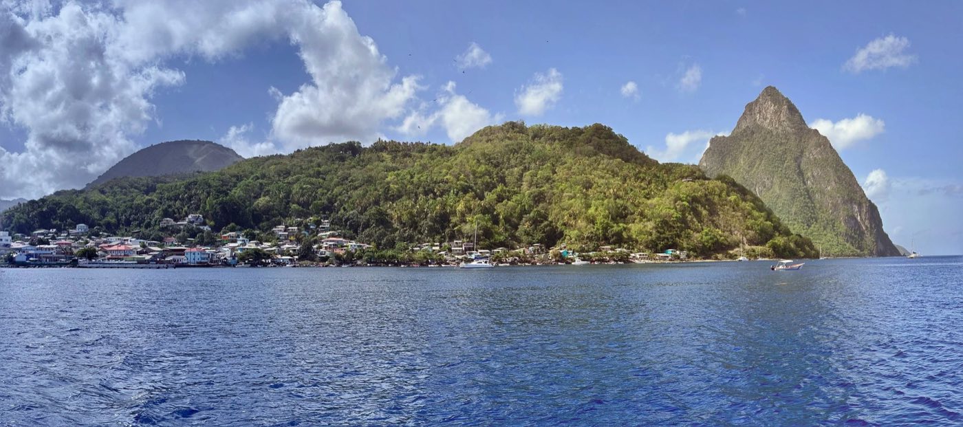 The Pitons rising above the water in St. Lucia